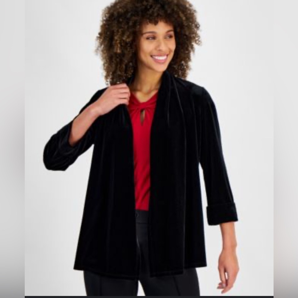 Olive + Oak Women's Blue Black Velvet Open Front Blazer Top - Size Large - Goth